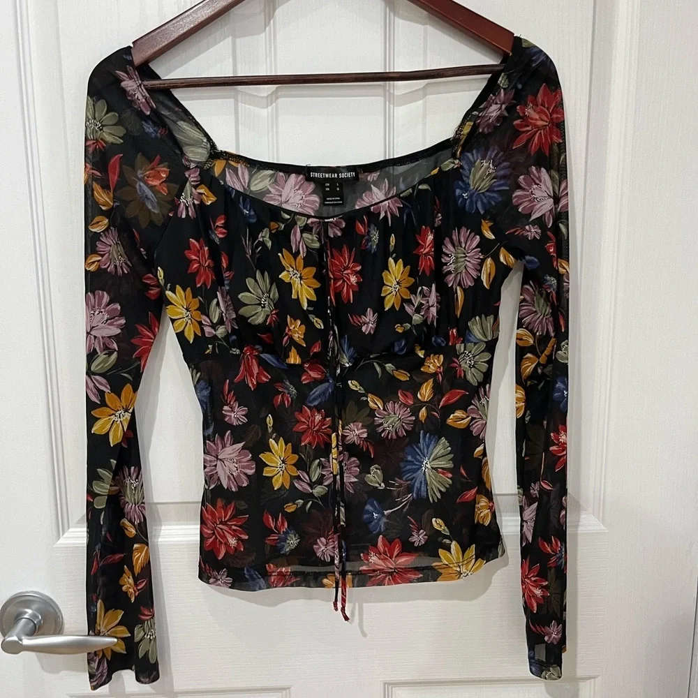 Streetwear society floral print sheer top size large - Picture 2 of 8